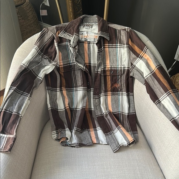 Plaid Button-Up Shirt in Brown and Orange - Picture 1 of 2